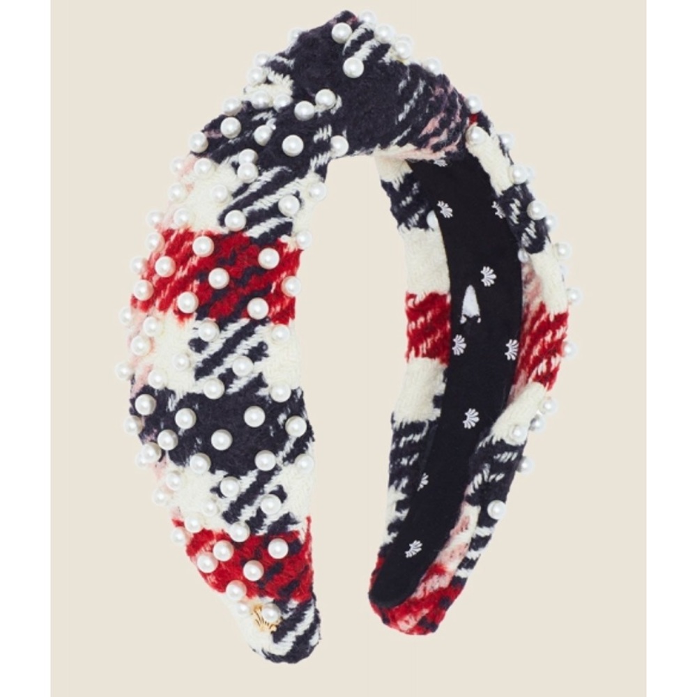 Lele Sadoughi x Lela Rose Checked Wool Pearl Headband